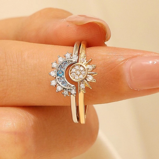 Picture of 1 Pair Stylish Valentine's Day 18K Gold Plated & Platinum Plated Brass Open Adjustable Sun & Moon Couple Rings For Women Gift