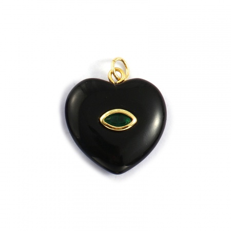 Bild von 1 Stück Umweltfreundlich Messing und Achat Valentinstag Charms 18K Echtgold plattiert Schwarz Herz Dunkelgrün Kubischer Zirkon 25mm x 20mm