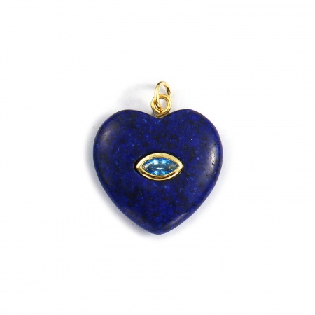 Bild von 1 Stück Umweltfreundlich Messing und Lapislazuli Valentinstag Charms 18K Echtgold plattiert Dunkelblau Herz Blau Kubischer Zirkon 25mm x 20mm