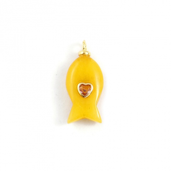Imagen de 1 Unidad Respetuoso del Medio Ambiente Latón & Jade Joyería del océano Colgantes 18K Oro Real Chapado Amarillo Pez Corazón Champán Circón Artificial 27mm x 12mm