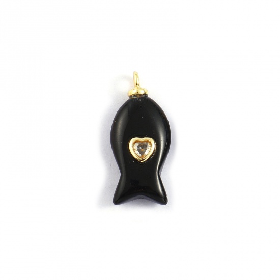 Imagen de 1 Unidad Respetuoso del Medio Ambiente Latón & ágata Joyería del océano Colgantes 18K Oro Real Chapado Negro Pez Corazón Claro Circón Artificial 27mm x 12mm
