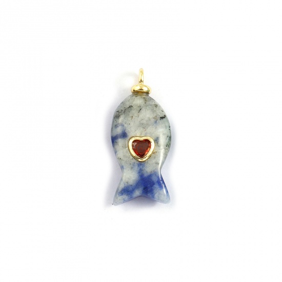 Imagen de 1 Unidad Respetuoso del Medio Ambiente Latón & Gema Joyería del océano Colgantes 18K Oro Real Chapado Azul Pez Corazón Marrón Circón Artificial 27mm x 12mm