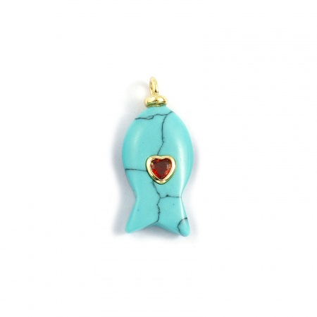 Picture of 1 Piece Eco-friendly Brass & Turquoise Ocean Jewelry Charms 18K Real Gold Plated Green Blue Fish Animal Heart Brown Cubic Zirconia 27mm x 12mm