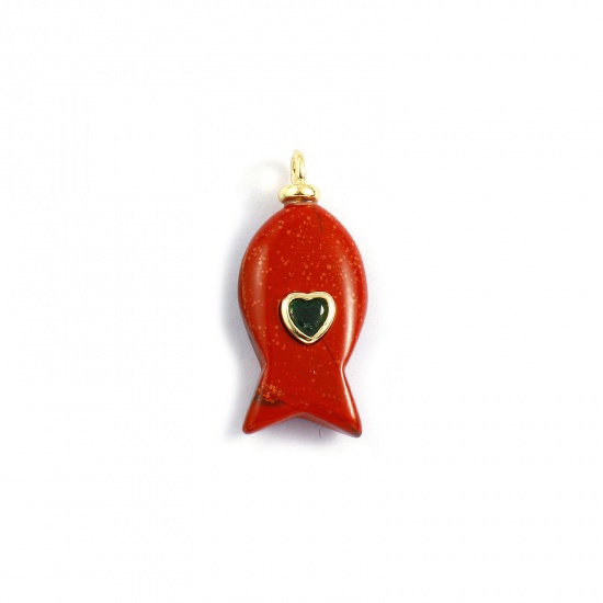Imagen de 1 Unidad Respetuoso del Medio Ambiente Latón & Gema Joyería del océano Colgantes 18K Oro Real Chapado Rojo Pez Corazón Verde Circón Artificial 27mm x 12mm