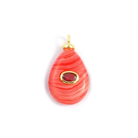 Imagen de 1 Unidad Respetuoso del Medio Ambiente Latón & Gema Geométrico Colgantes 18K Oro Real Chapado Naranja Rosa Gota Púrpura Claro Circón Artificial 23mm x 13mm