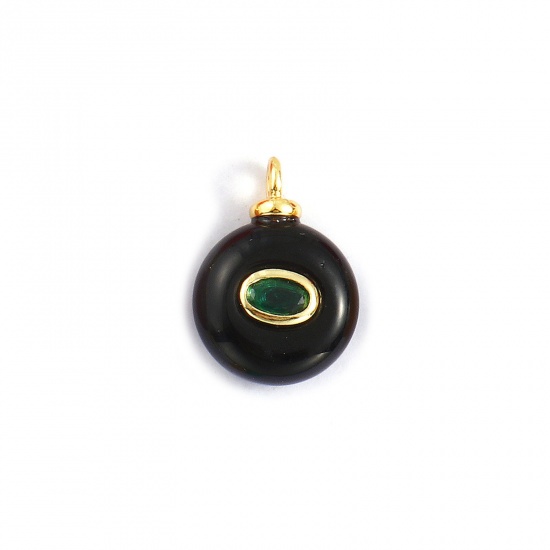 Imagen de 1 Unidad Respetuoso del Medio Ambiente Latón & ágata Geométrico Colgantes 18K Oro Real Chapado Negro Ronda Verde Circón Artificial 18mm x 13mm
