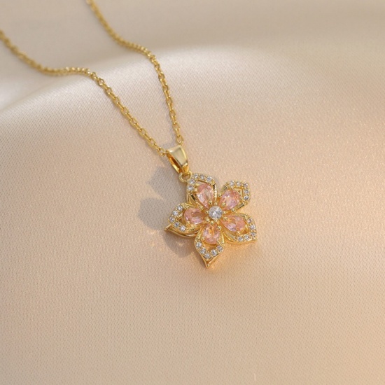 Picture of 18K Gold Plated Flower Pendant Charm Necklace, Brass & Cubic Zirconia 40cm(15.7") + 5cm(2"), For Women, Pink Rotatable, Stylish Exquisite Gift, 1 Piece