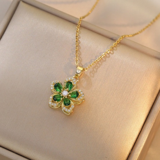 Picture of 18K Gold Plated Flower Pendant Charm Necklace, Brass & Cubic Zirconia 40cm(15.7") + 5cm(2"), For Women, Green Rotatable, Stylish Exquisite Gift, 1 Piece
