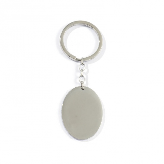 Picture of 1 Piece Eco-friendly 304 Stainless Steel Blank Stamping Tags Keychain & Keyring Silver Tone Oval Mirror Polishing 9cm x 3.2cm