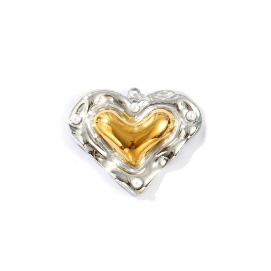 Picture of 2 PCs Eco-friendly PVD Vacuum Plating Waterproof Anti-Tarnish Hypoallergenic 304 Stainless Steel Valentine's Day Charms 18K Real Gold Plated & Silver Tone Heart Acrylic Imitation Pearl 27mm x 22mm