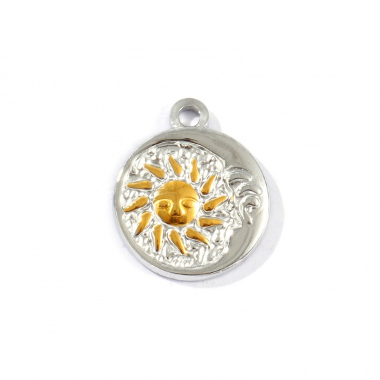 Picture of 2 PCs Eco-friendly PVD Vacuum Plating Waterproof Anti-Tarnish Hypoallergenic 304 Stainless Steel Galaxy Charms 18K Real Gold Plated & Silver Tone Round Sun & Moon Two Tone 23mm x 19.5mm