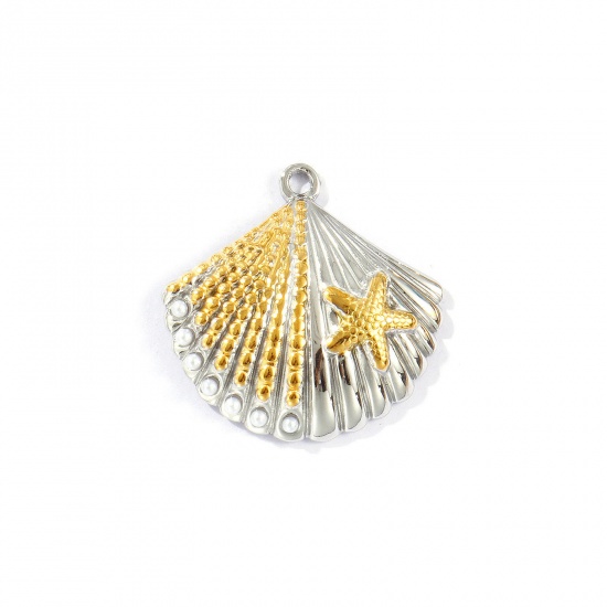 Picture of 2 PCs Eco-friendly PVD Vacuum Plating Waterproof Anti-Tarnish Hypoallergenic 304 Stainless Steel Ocean Jewelry Charms 18K Real Gold Plated & Silver Tone Shell Star Fish Acrylic Imitation Pearl 26mm x 25.5mm