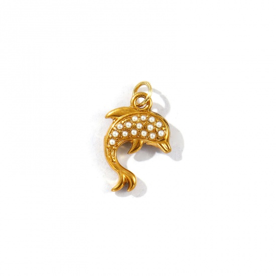 Picture of 2 PCs Eco-friendly PVD Vacuum Plating 304 Stainless Steel Ocean Jewelry Charms 18K Gold Plated Dolphin Animal Acrylic Imitation Pearl 17mm x 10mm