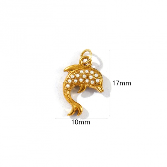 Picture of 2 PCs Eco-friendly PVD Vacuum Plating 304 Stainless Steel Ocean Jewelry Charms 18K Gold Plated Dolphin Animal Acrylic Imitation Pearl 17mm x 10mm