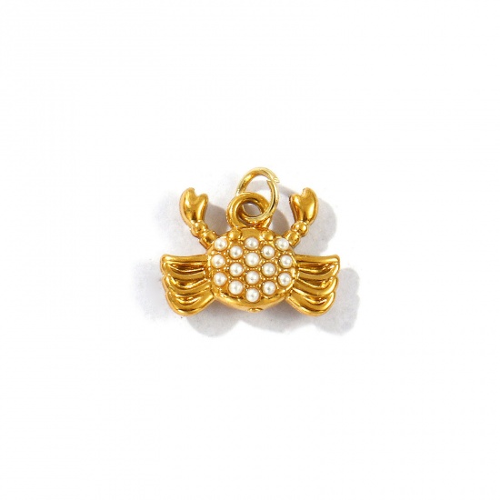 Picture of 2 PCs Eco-friendly PVD Vacuum Plating 304 Stainless Steel Ocean Jewelry Charms 18K Gold Plated Crab Animal Acrylic Imitation Pearl 12mm x 11mm