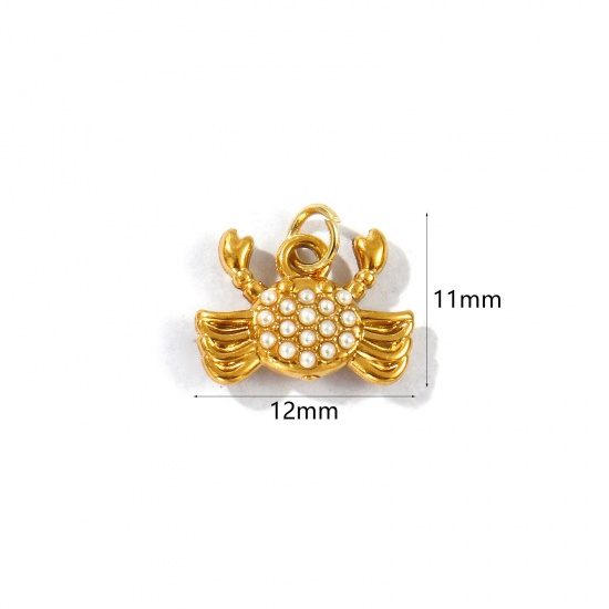Picture of 2 PCs Eco-friendly PVD Vacuum Plating 304 Stainless Steel Ocean Jewelry Charms 18K Gold Plated Crab Animal Acrylic Imitation Pearl 12mm x 11mm