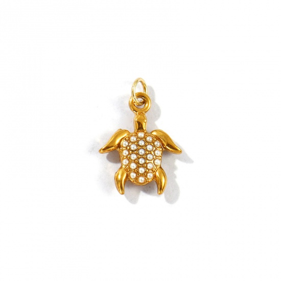 Picture of 2 PCs Eco-friendly PVD Vacuum Plating 304 Stainless Steel Ocean Jewelry Charms 18K Gold Plated Tortoise Animal Acrylic Imitation Pearl 17mm x 11.5mm