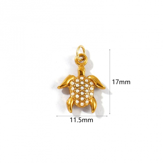 Picture of 2 PCs Eco-friendly PVD Vacuum Plating 304 Stainless Steel Ocean Jewelry Charms 18K Gold Plated Tortoise Animal Acrylic Imitation Pearl 17mm x 11.5mm