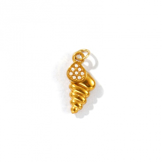 Picture of 2 PCs Eco-friendly PVD Vacuum Plating 304 Stainless Steel Ocean Jewelry Charms 18K Gold Plated Conch/ Sea Snail Acrylic Imitation Pearl 17mm x 7mm