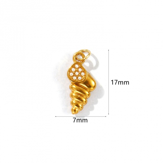 Picture of 2 PCs Eco-friendly PVD Vacuum Plating 304 Stainless Steel Ocean Jewelry Charms 18K Gold Plated Conch/ Sea Snail Acrylic Imitation Pearl 17mm x 7mm