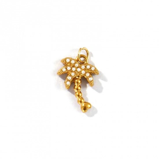Picture of 2 PCs Eco-friendly PVD Vacuum Plating 304 Stainless Steel Flora Collection Charms 18K Gold Plated Coconut Palm Tree Acrylic Imitation Pearl 16mm x 10mm