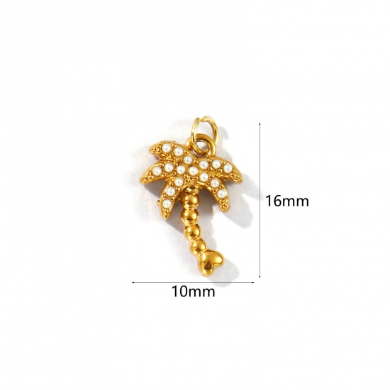Picture of 2 PCs Eco-friendly PVD Vacuum Plating 304 Stainless Steel Flora Collection Charms 18K Gold Plated Coconut Palm Tree Acrylic Imitation Pearl 16mm x 10mm
