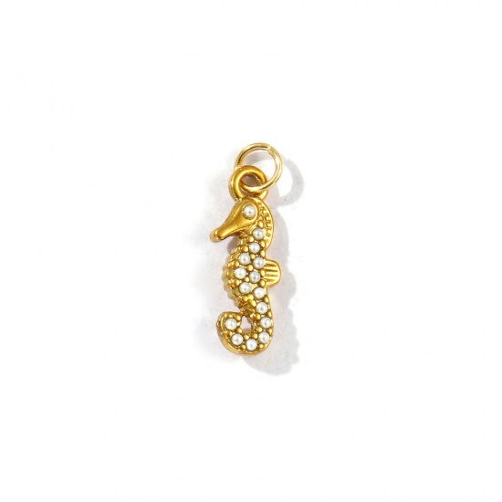 Picture of 2 PCs Eco-friendly PVD Vacuum Plating 304 Stainless Steel Ocean Jewelry Charms 18K Gold Plated Seahorse Animal Acrylic Imitation Pearl 17mm x 5mm