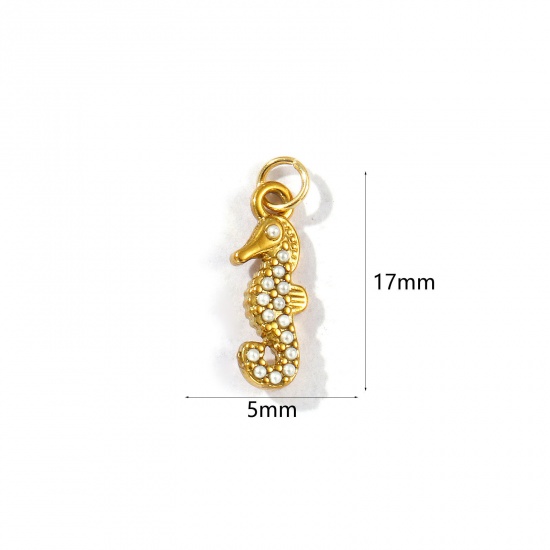 Picture of 2 PCs Eco-friendly PVD Vacuum Plating 304 Stainless Steel Ocean Jewelry Charms 18K Gold Plated Seahorse Animal Acrylic Imitation Pearl 17mm x 5mm