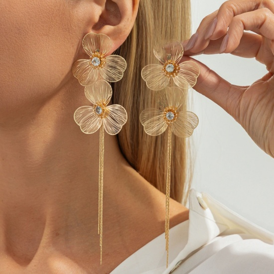 Picture of Wholesale Stylish Dainty Earrings, Gingko Leaf Tassel Gold Plated Brass, Women's Gift Jewelry Supply 16cm x 4cm, 1 Pair