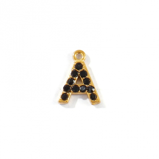 Picture of 2 PCs Vacuum Plating 304 Stainless Steel Capital Alphabet Initial Letter Name Charms Gold Plated Message " A " Black Rhinestone 10mm x 8mm