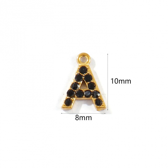 Picture of 2 PCs Vacuum Plating 304 Stainless Steel Capital Alphabet Initial Letter Name Charms Gold Plated Message " A " Black Rhinestone 10mm x 8mm