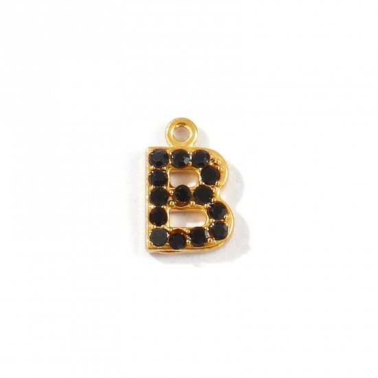 Picture of 2 PCs Vacuum Plating 304 Stainless Steel Capital Alphabet Initial Letter Name Charms Gold Plated Message " B " Black Rhinestone 10mm x 6mm