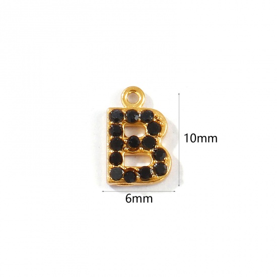 Picture of 2 PCs Vacuum Plating 304 Stainless Steel Capital Alphabet Initial Letter Name Charms Gold Plated Message " B " Black Rhinestone 10mm x 6mm