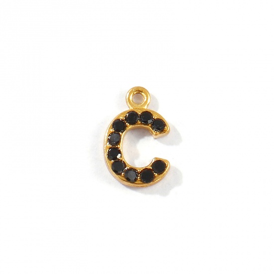 Picture of 2 PCs Vacuum Plating 304 Stainless Steel Capital Alphabet Initial Letter Name Charms Gold Plated Message " C " Black Rhinestone 10mm x 6.5mm