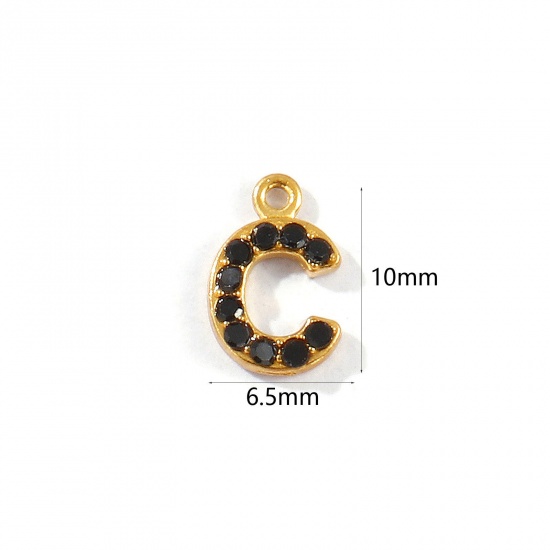 Picture of 2 PCs Vacuum Plating 304 Stainless Steel Capital Alphabet Initial Letter Name Charms Gold Plated Message " C " Black Rhinestone 10mm x 6.5mm