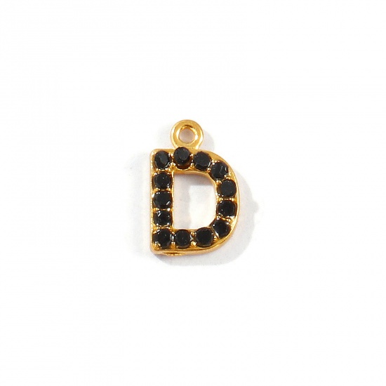 Picture of 2 PCs Vacuum Plating 304 Stainless Steel Capital Alphabet Initial Letter Name Charms Gold Plated Message " D " Black Rhinestone 10mm x 6.5mm
