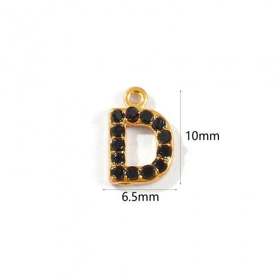 Picture of 2 PCs Vacuum Plating 304 Stainless Steel Capital Alphabet Initial Letter Name Charms Gold Plated Message " D " Black Rhinestone 10mm x 6.5mm