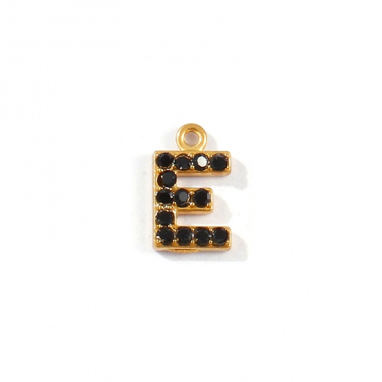 Picture of 2 PCs Vacuum Plating 304 Stainless Steel Capital Alphabet Initial Letter Name Charms Gold Plated Message " E " Black Rhinestone 10mm x 6mm