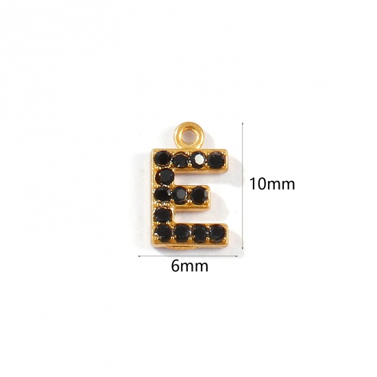 Picture of 2 PCs Vacuum Plating 304 Stainless Steel Capital Alphabet Initial Letter Name Charms Gold Plated Message " E " Black Rhinestone 10mm x 6mm