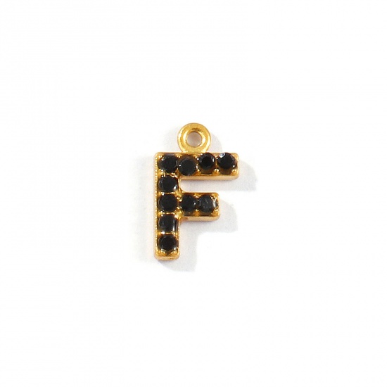 Picture of 2 PCs Vacuum Plating 304 Stainless Steel Capital Alphabet Initial Letter Name Charms Gold Plated Message " F " Black Rhinestone 10mm x 6mm