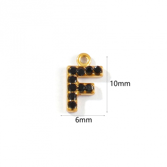 Picture of 2 PCs Vacuum Plating 304 Stainless Steel Capital Alphabet Initial Letter Name Charms Gold Plated Message " F " Black Rhinestone 10mm x 6mm