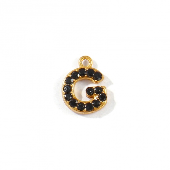 Picture of 2 PCs Vacuum Plating 304 Stainless Steel Capital Alphabet Initial Letter Name Charms Gold Plated Message " G " Black Rhinestone 10mm x 7mm