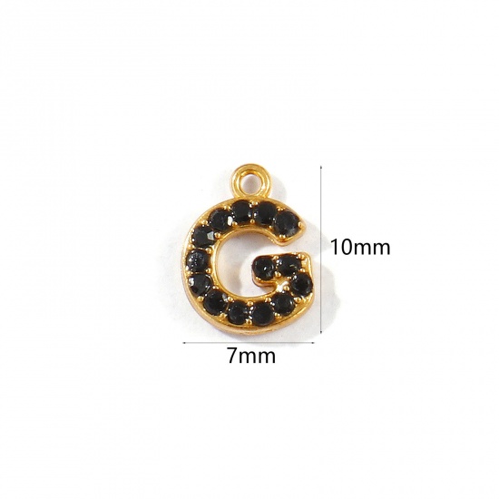 Picture of 2 PCs Vacuum Plating 304 Stainless Steel Capital Alphabet Initial Letter Name Charms Gold Plated Message " G " Black Rhinestone 10mm x 7mm