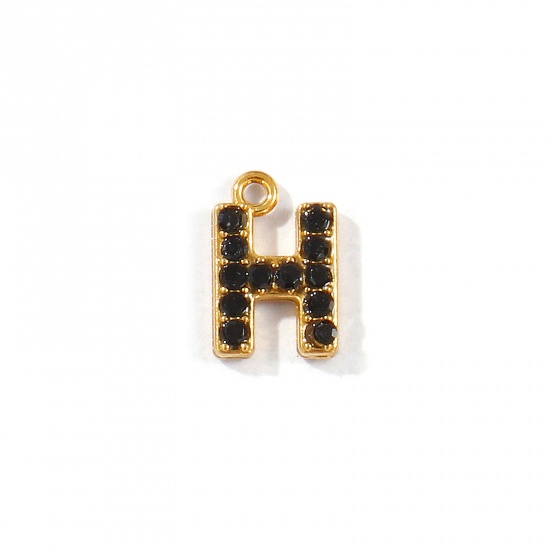 Picture of 2 PCs Vacuum Plating 304 Stainless Steel Capital Alphabet Initial Letter Name Charms Gold Plated Message " H " Black Rhinestone 9.5mm x 6mm