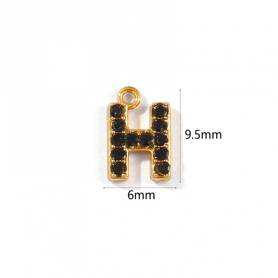 Picture of 2 PCs Vacuum Plating 304 Stainless Steel Capital Alphabet Initial Letter Name Charms Gold Plated Message " H " Black Rhinestone 9.5mm x 6mm