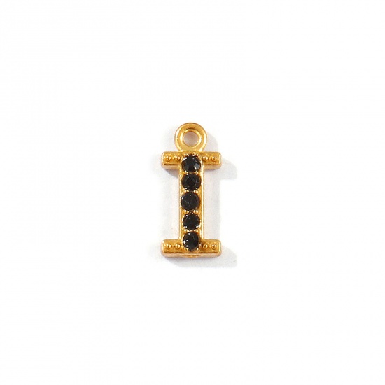 Picture of 2 PCs Vacuum Plating 304 Stainless Steel Capital Alphabet Initial Letter Name Charms Gold Plated Message " I " Black Rhinestone 10mm x 4mm