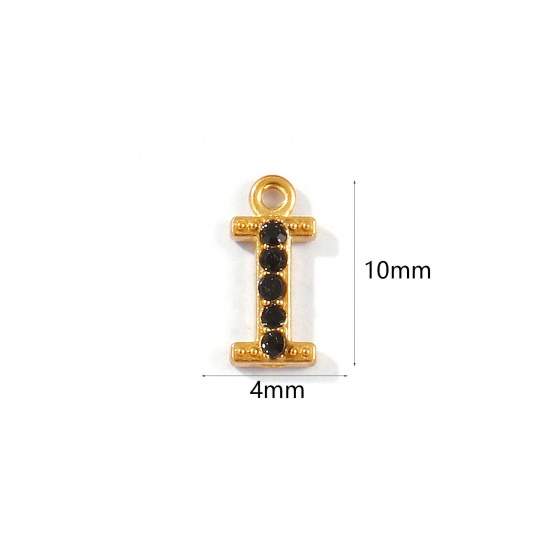 Picture of 2 PCs Vacuum Plating 304 Stainless Steel Capital Alphabet Initial Letter Name Charms Gold Plated Message " I " Black Rhinestone 10mm x 4mm