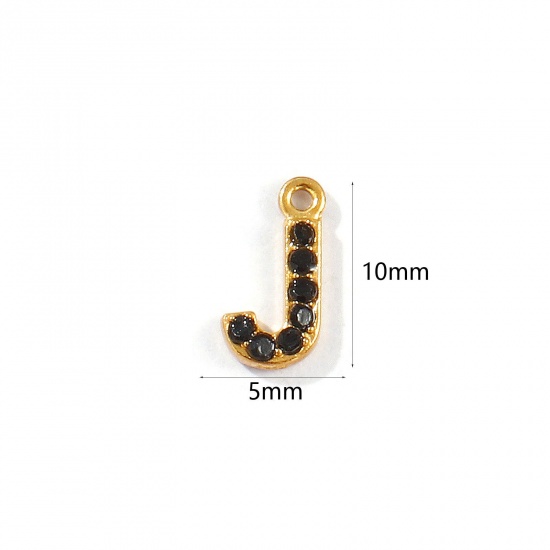 Picture of 2 PCs Vacuum Plating 304 Stainless Steel Capital Alphabet Initial Letter Name Charms Gold Plated Message " J " Black Rhinestone 10mm x 5mm