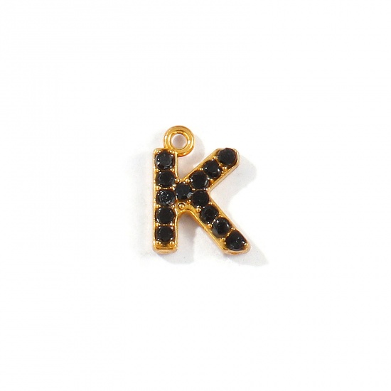 Picture of 2 PCs Vacuum Plating 304 Stainless Steel Capital Alphabet Initial Letter Name Charms Gold Plated Message " K " Black Rhinestone 10mm x 7mm