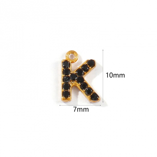 Picture of 2 PCs Vacuum Plating 304 Stainless Steel Capital Alphabet Initial Letter Name Charms Gold Plated Message " K " Black Rhinestone 10mm x 7mm